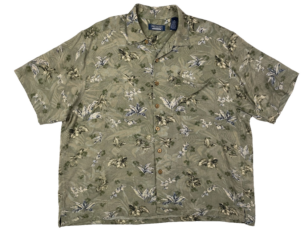 Premier International Mens XL Hawaiian Shirt Sage Green Tropical Floral Rayon Ca